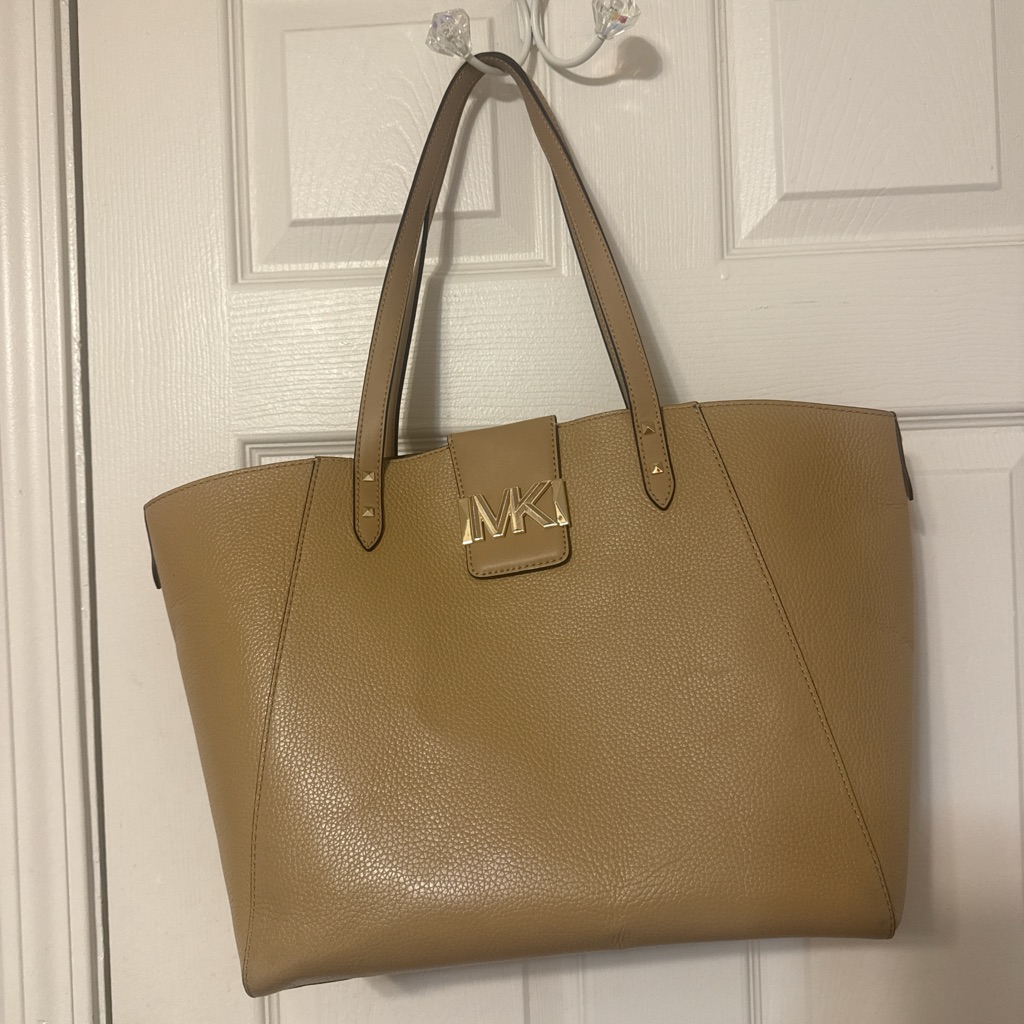 Michael Kors Camel Pebbled Leather Tote With Gold Mk Logo